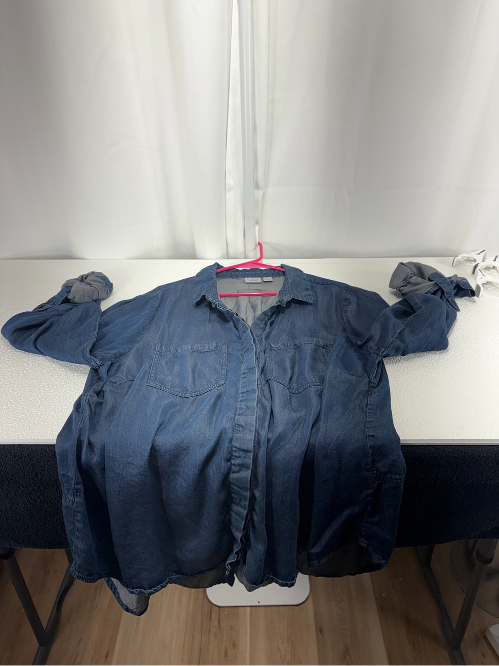 Cato Blue Denim-Style Ruffle Front Button-Down Shirt 4586 - Picture 3 of 10